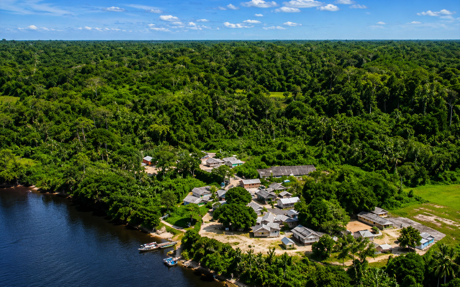 Vista aérea de aldeia indígena cercada por floresta